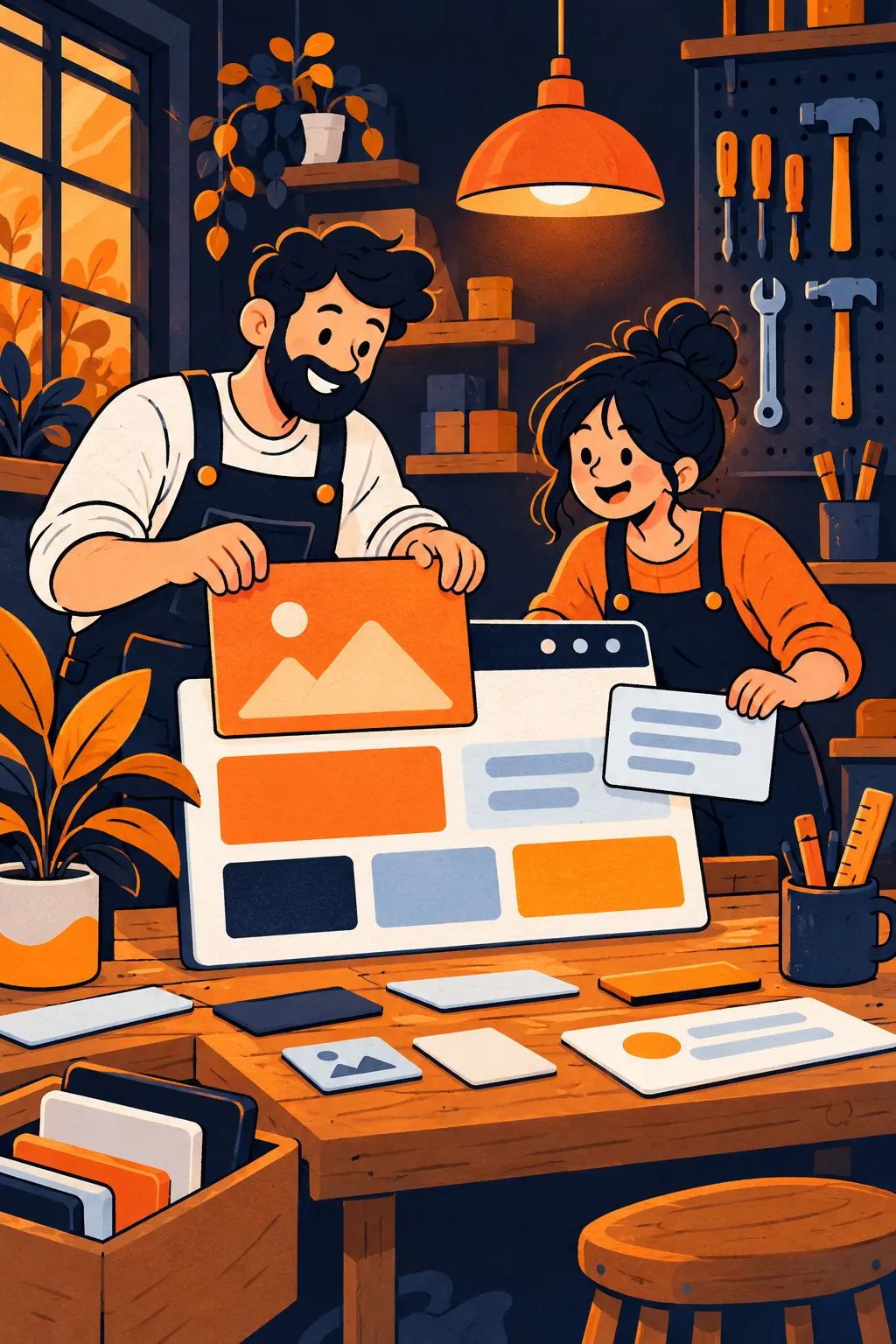 A cartoon two-person workshop building websites