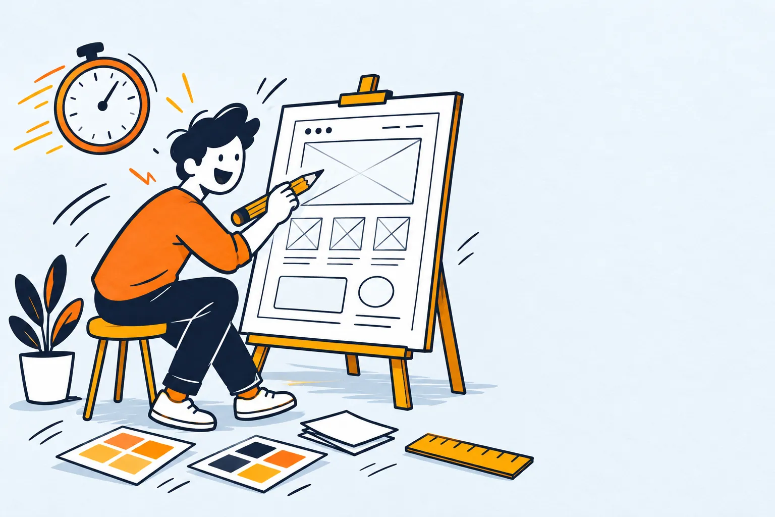 A cartoon designer sketching a website at speed