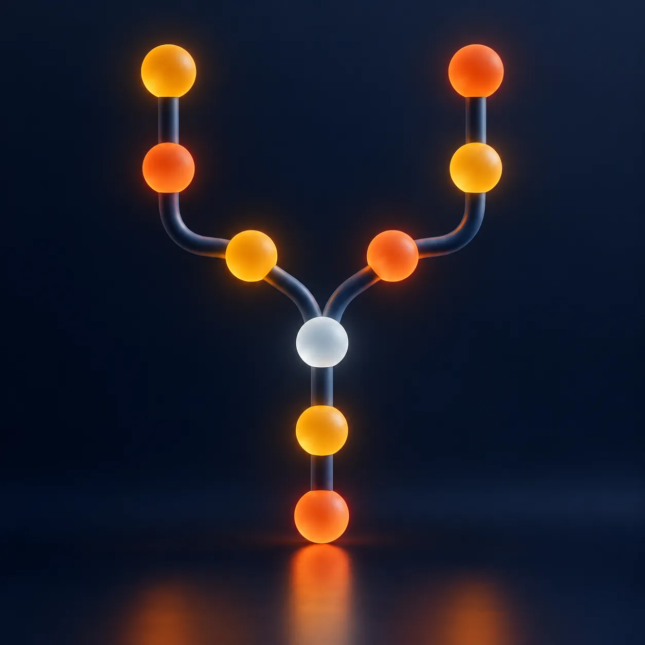Glowing branching nodes merging into one line