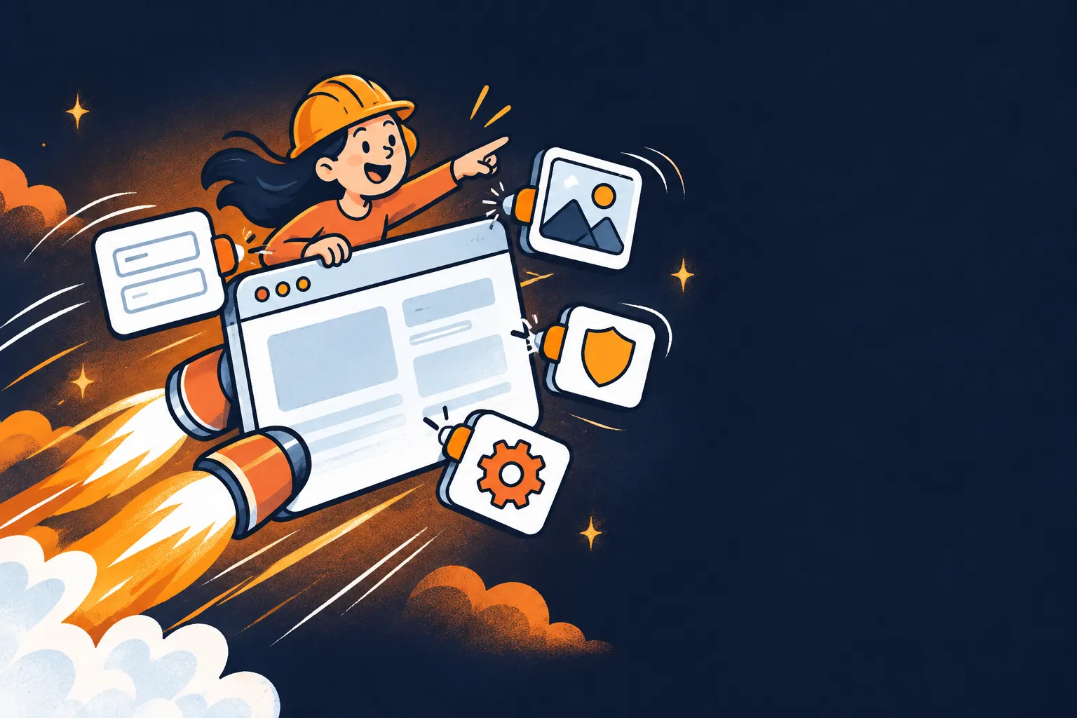 A happy cartoon builder character zooming on a rocket-powered website