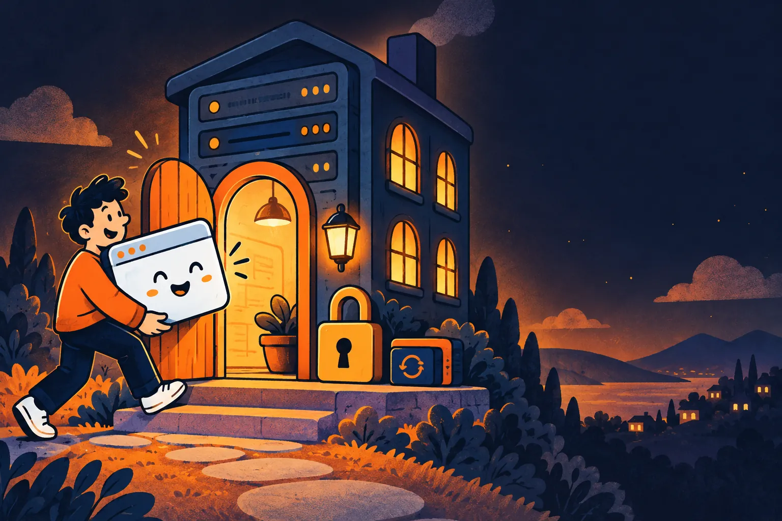 A cartoon server house with a character carrying a website inside