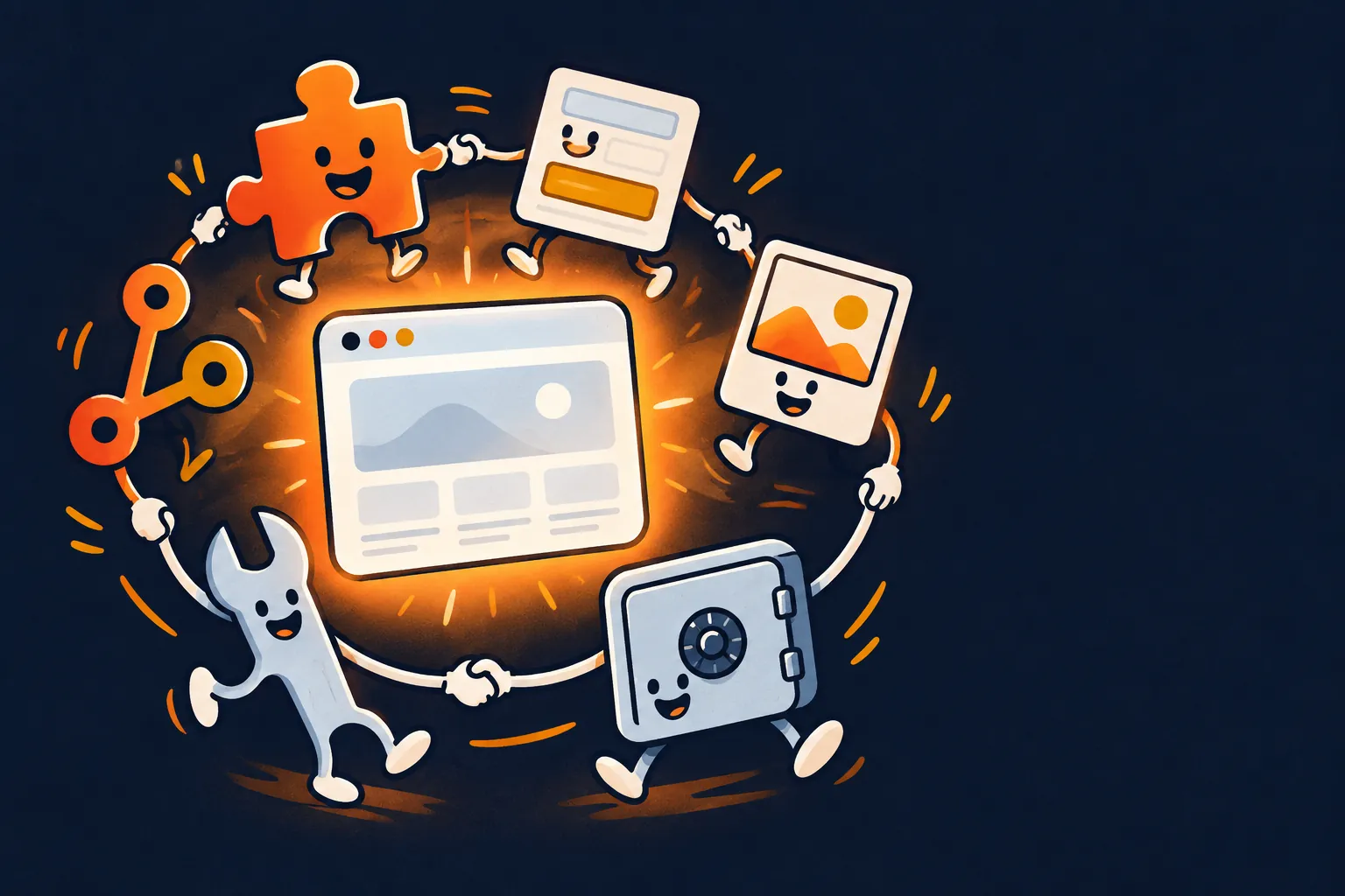 Cartoon plugin characters holding hands in a circle